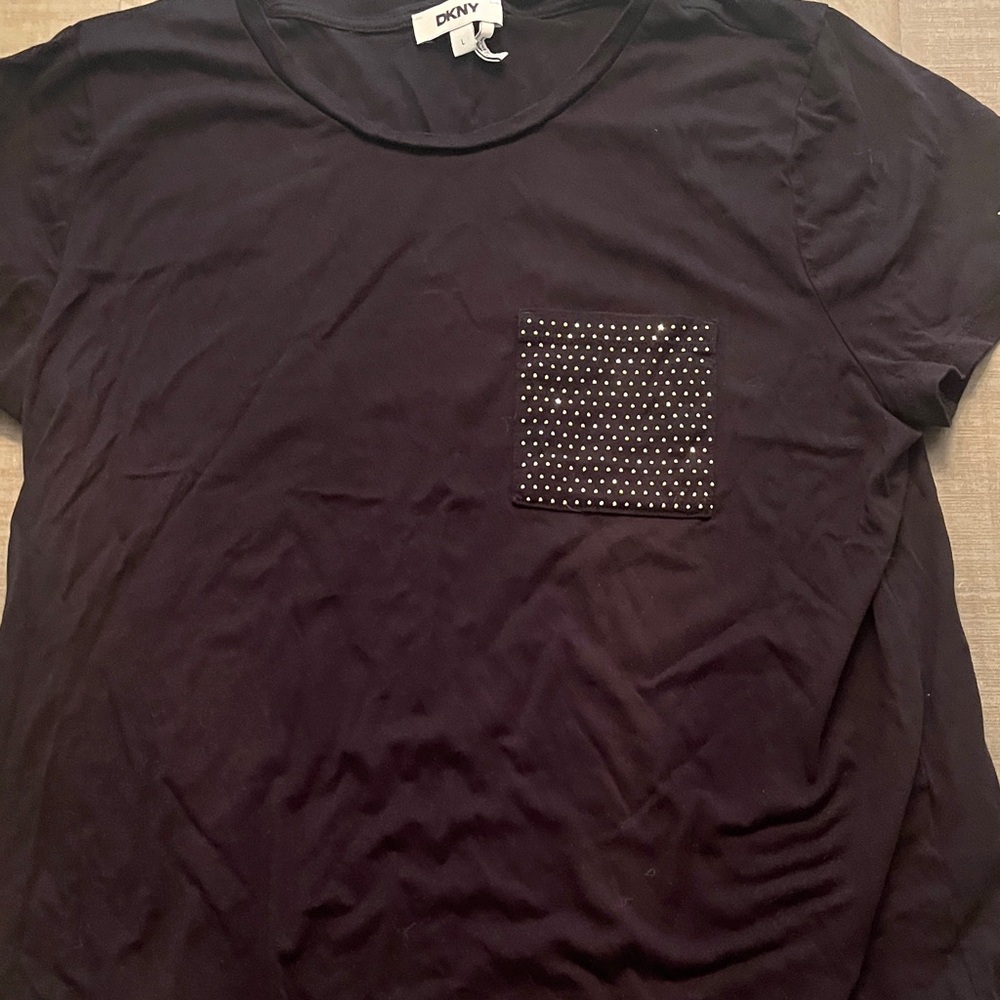 DKNY Black Women's Top with Gold Studded Pocket